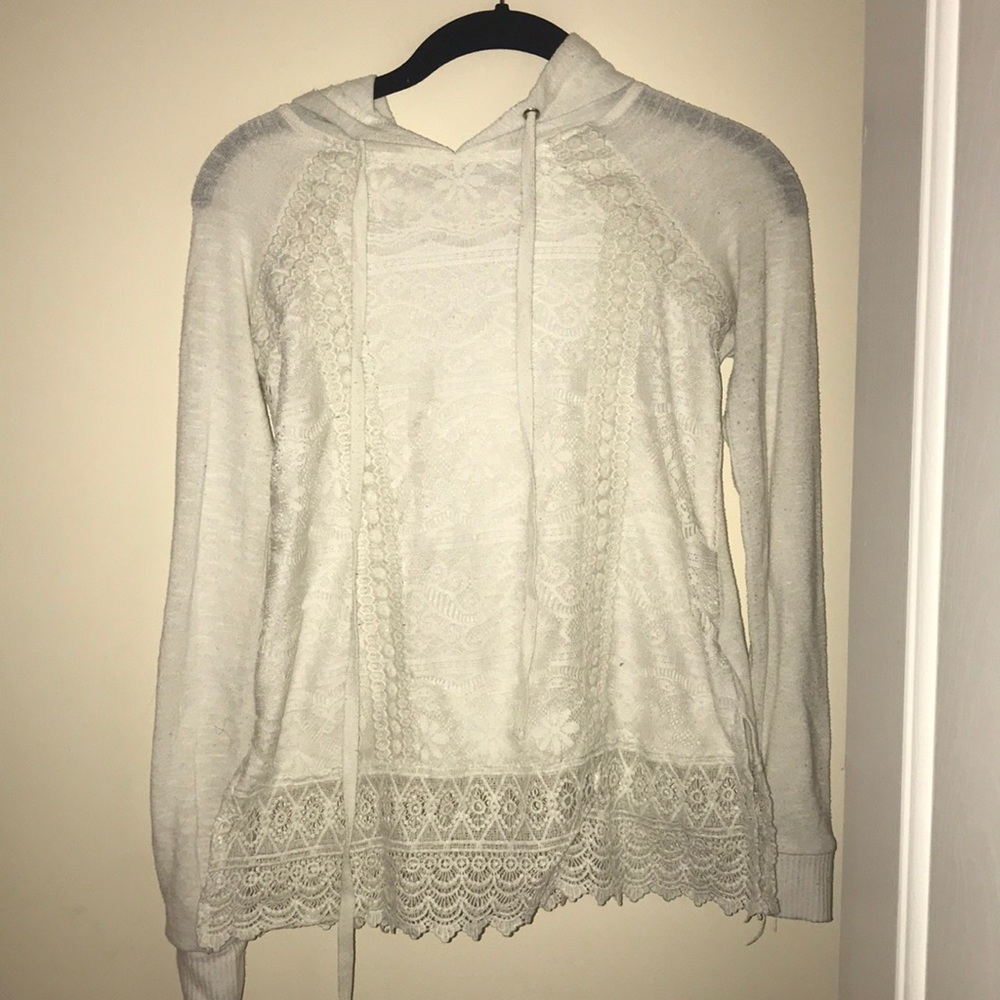 Cream colored shirt with hoodie